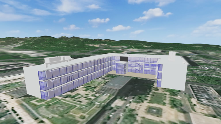 BIM+GIS 同场景融合效果：卫星影像、地形与 BIM 模型叠加